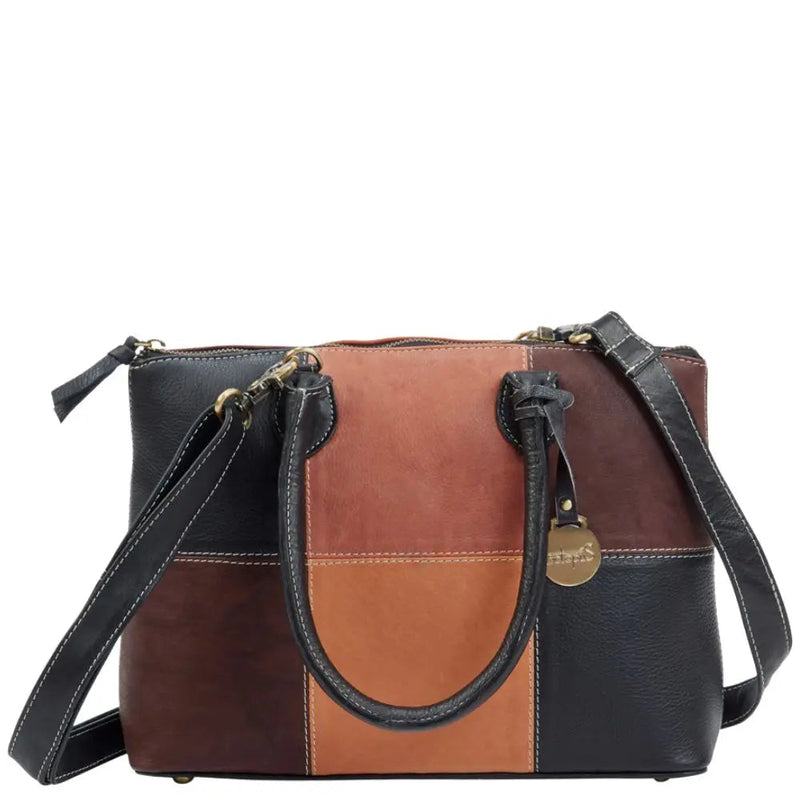 BEMÆRK: Kollektionsprøve. Style Nauru. Flot lædertaske i sort/brun/mørkebrun/cognac. Stor, elegant og klassisk håndtaske. Inkl. skulderrem til crossbody